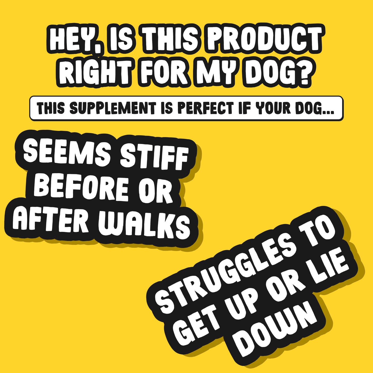 Promotional text for a dog supplement on a yellow background
