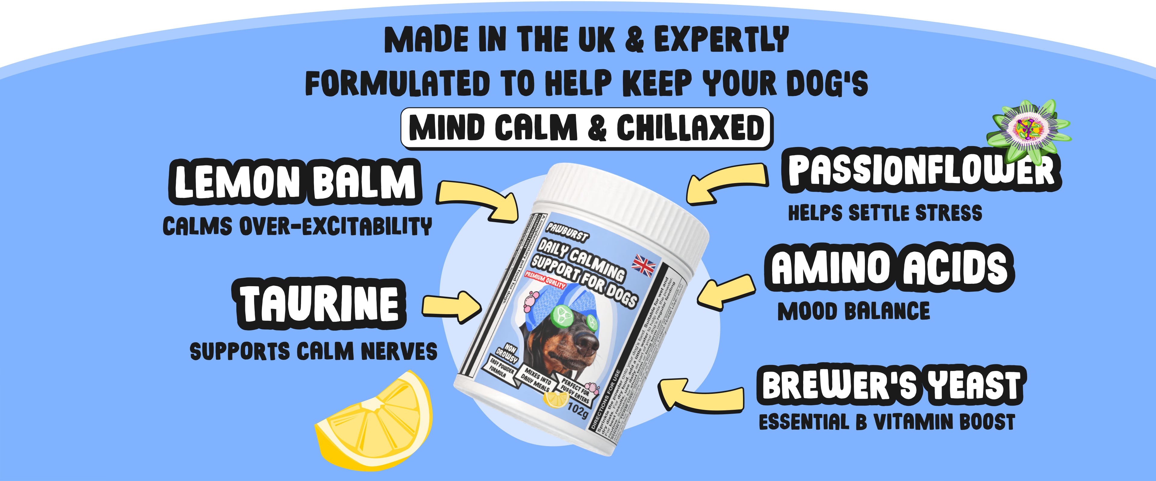 Dog supplement product with ingredients listed on a blue background