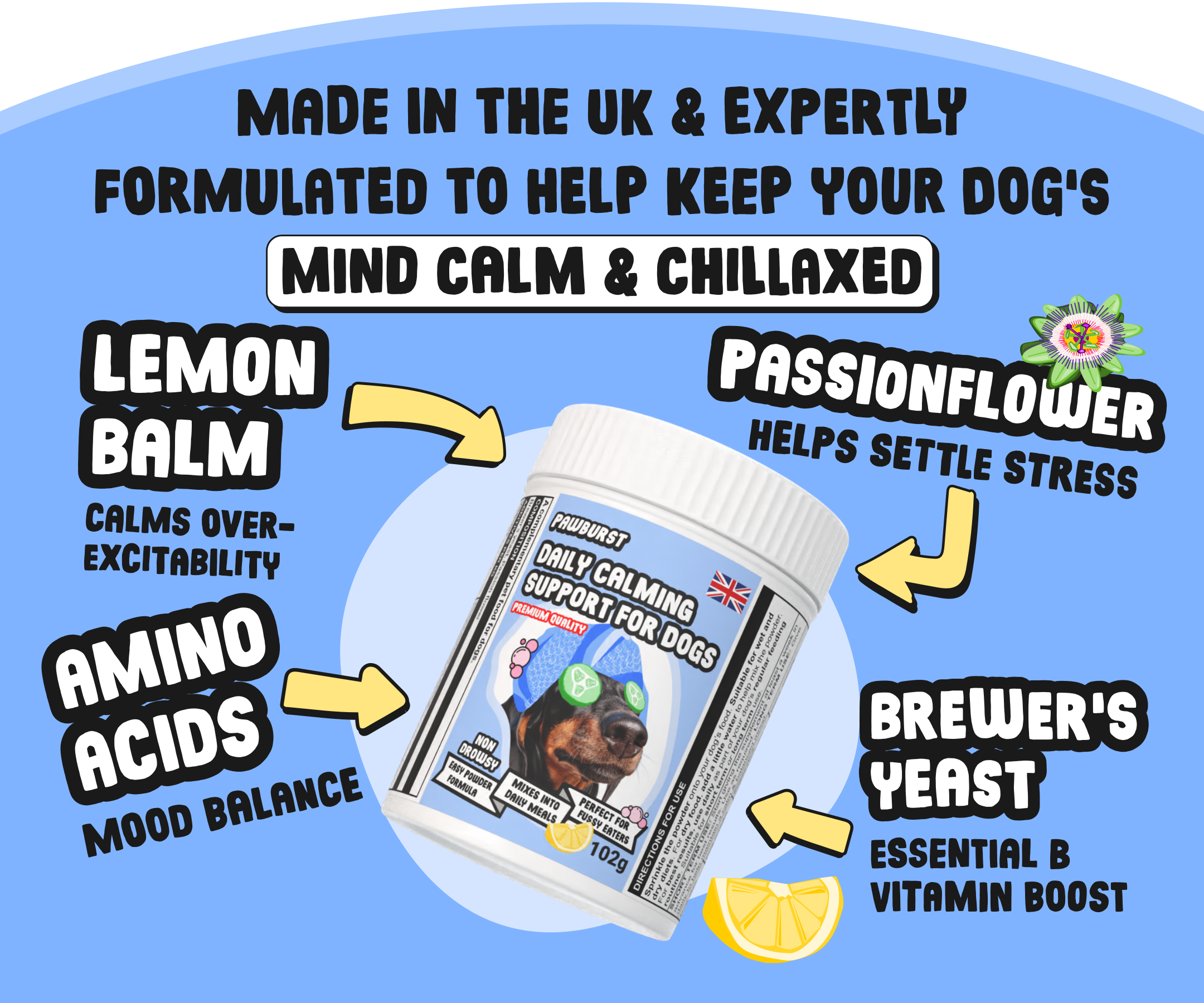 Dog supplement product with ingredients listed on a blue background
