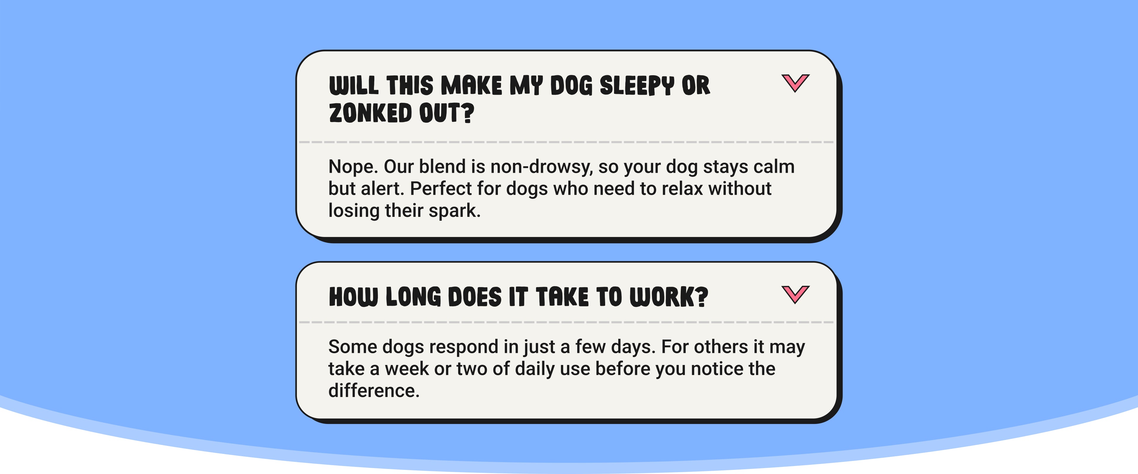 Product description card for a dog supplement on a blue background