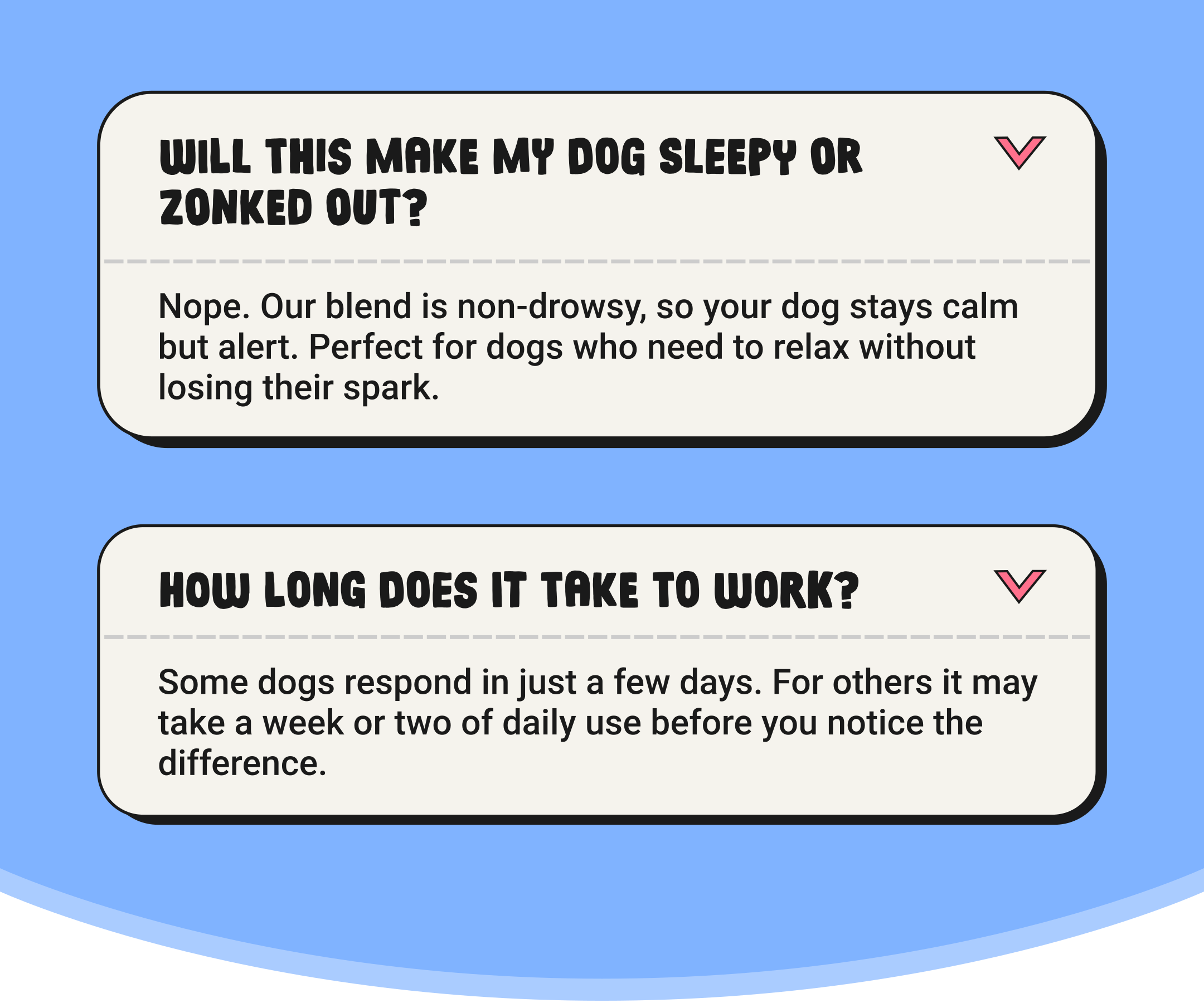 Text on a blue background about a dog product's effects and duration of action.