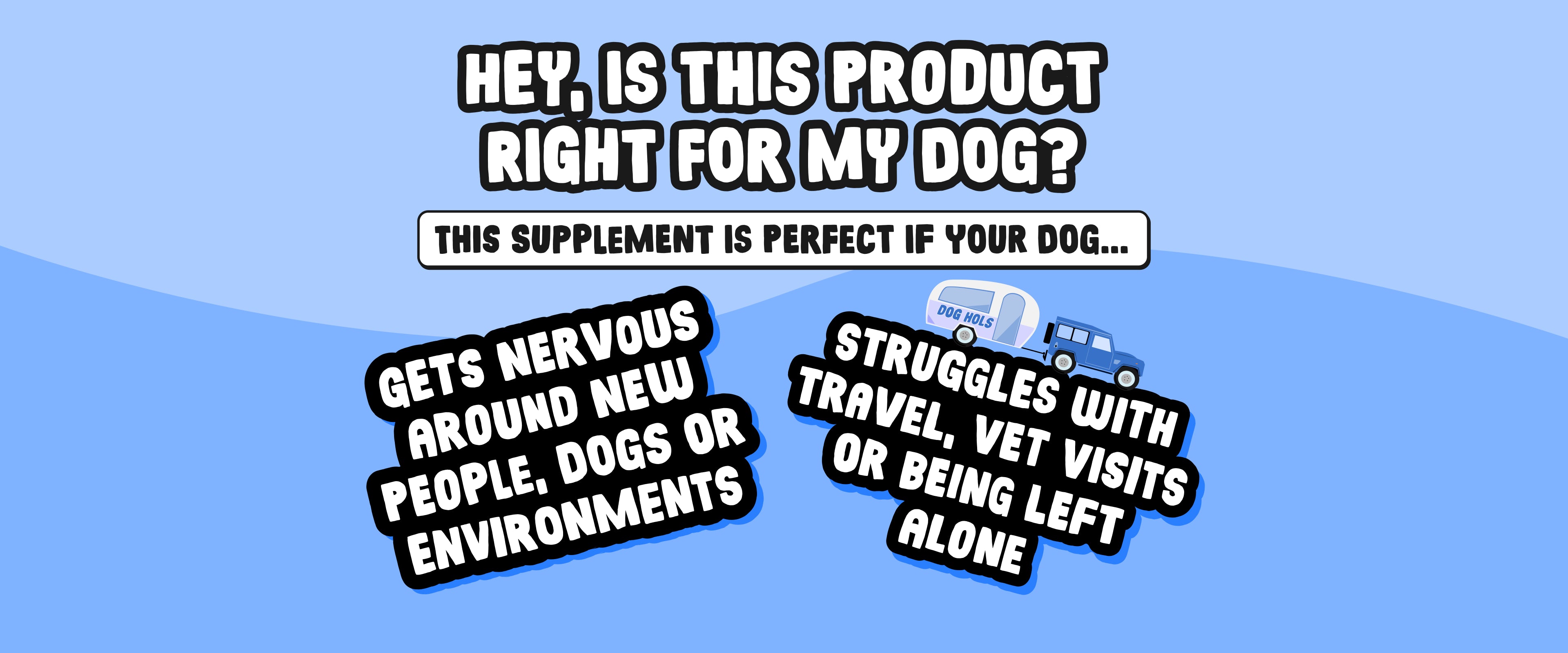 Promotional graphic for a dog supplement with text on a blue background