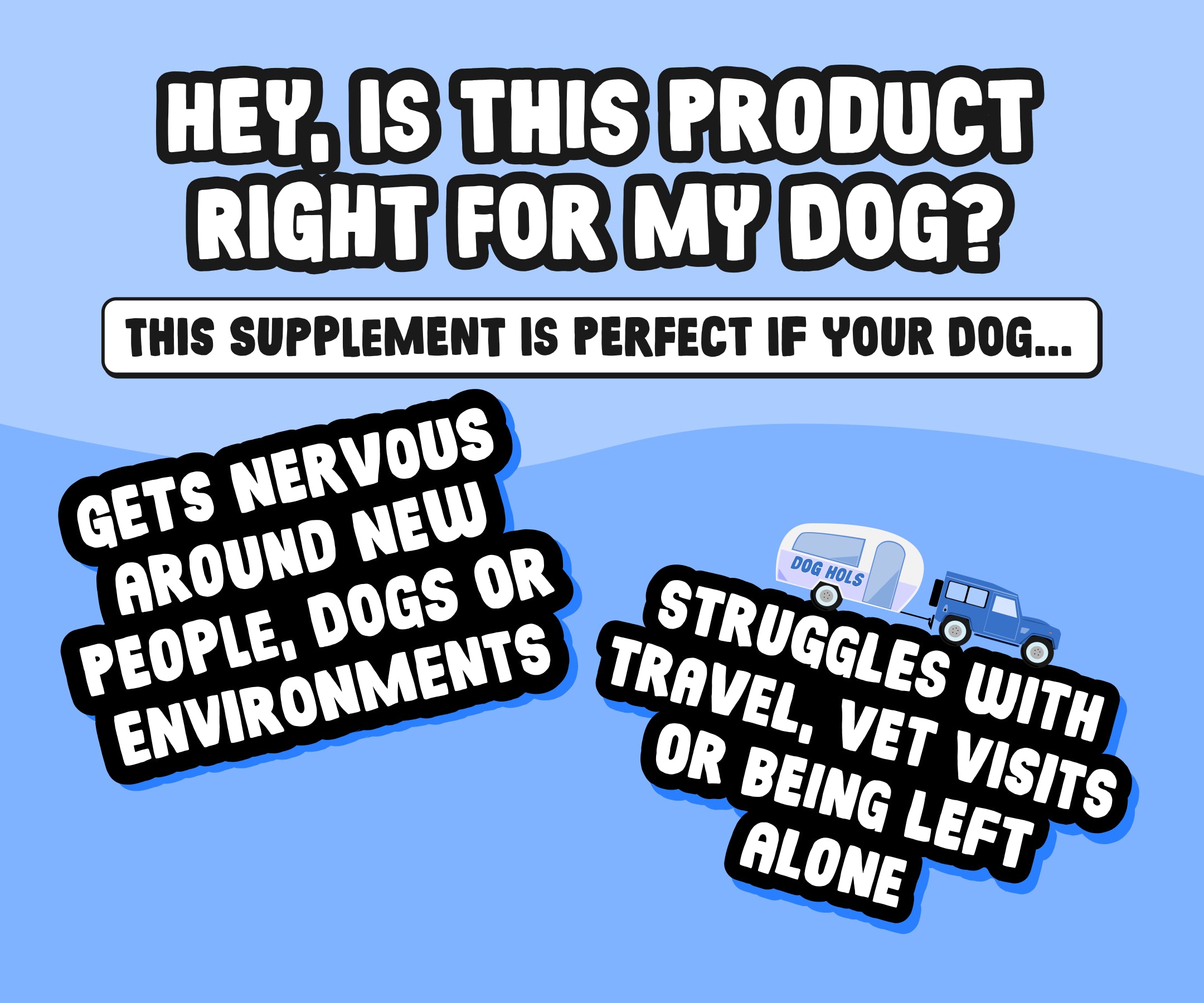 Promotional graphic for a dog supplement with text on a blue background