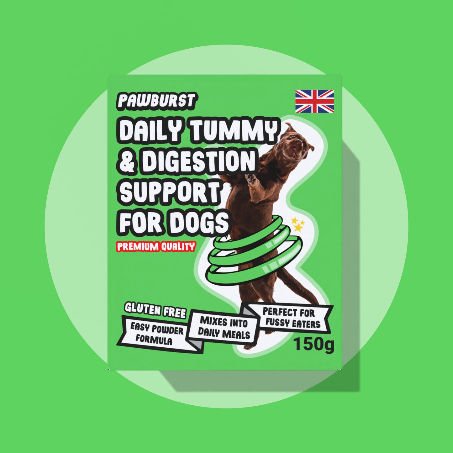 Pawburst daily tummy and digestion support for dogs packaging on a green background