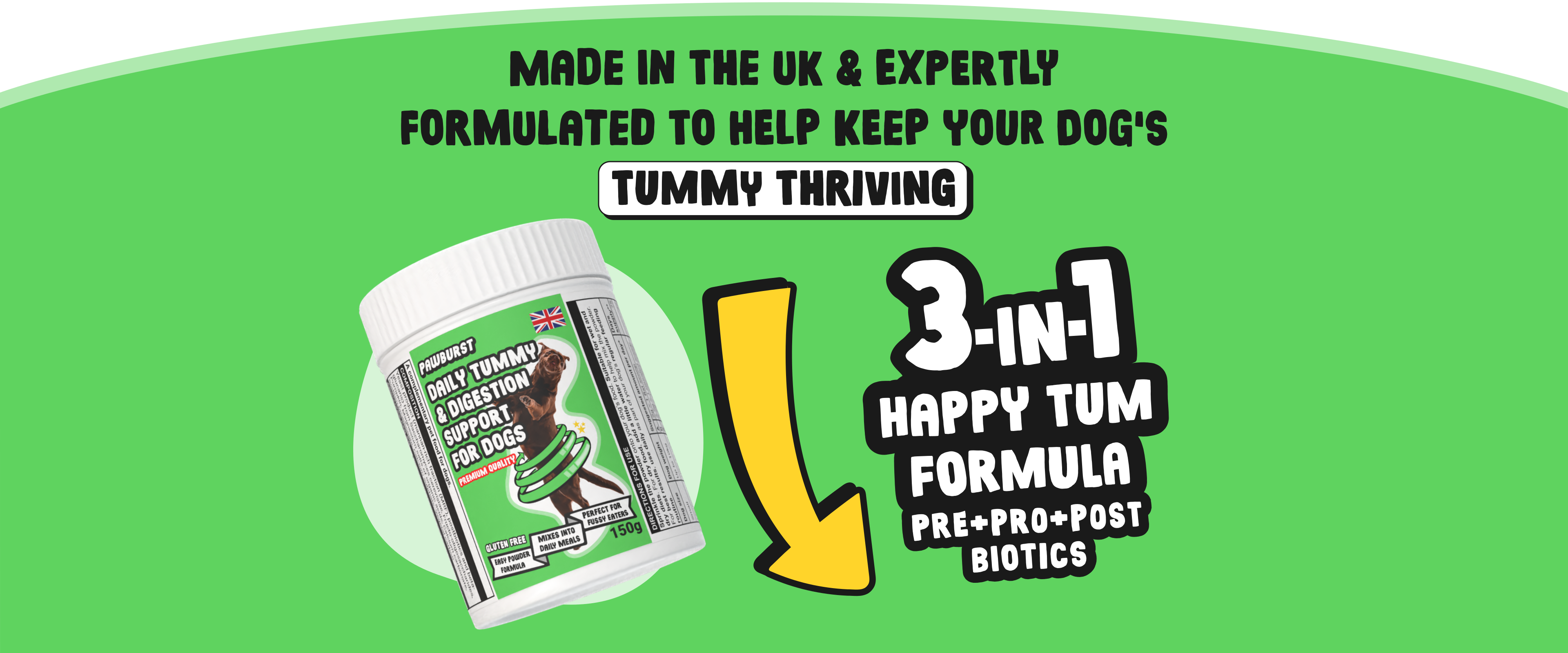 Dog supplement product with text on a green background