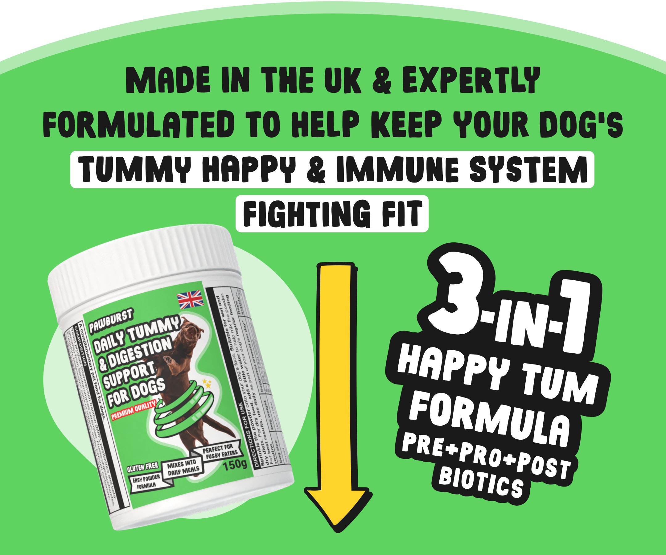 Dog supplement container with text on a green background