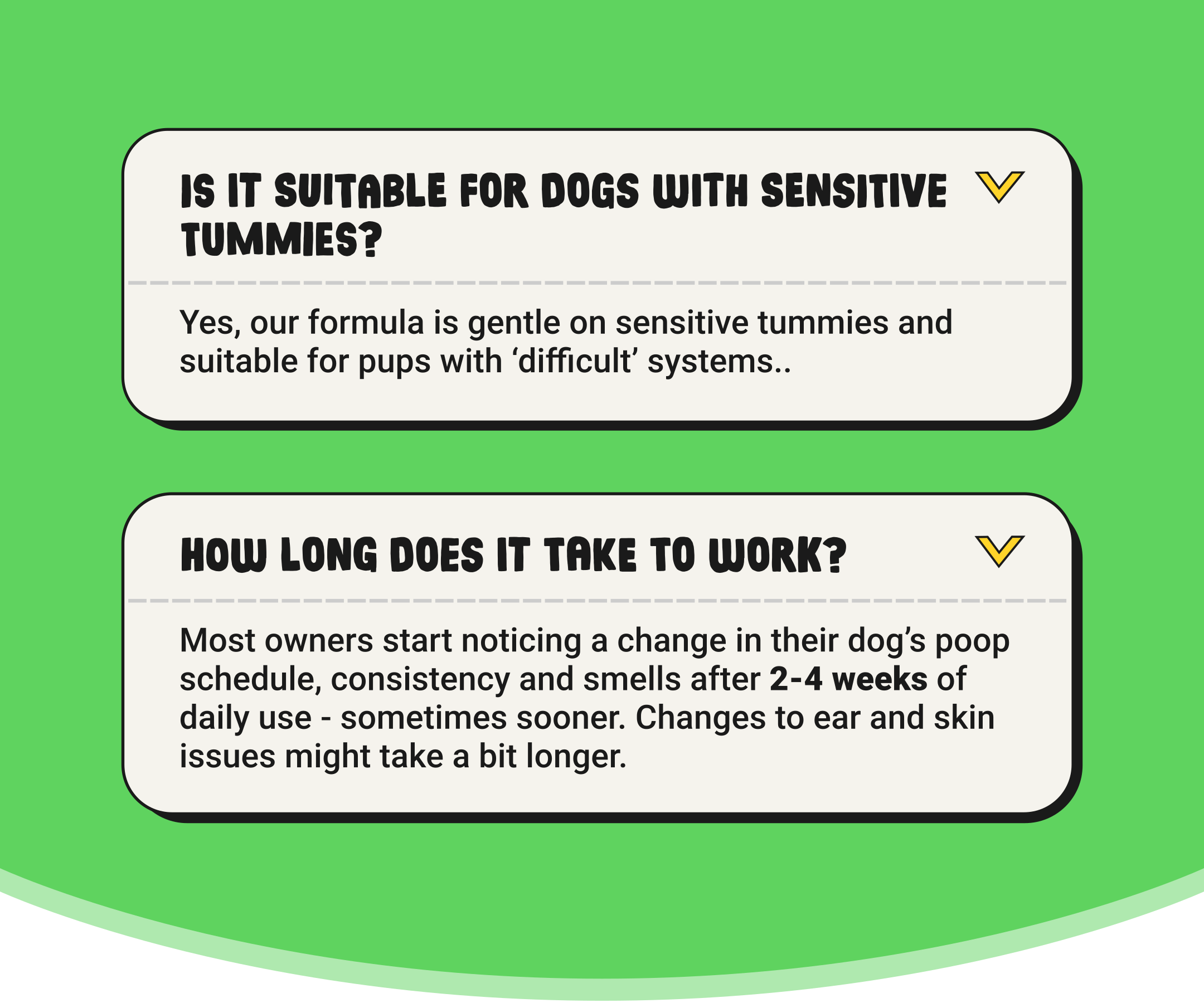 Informational text on a green background about dog formula suitability for sensitive tummies and effectiveness.