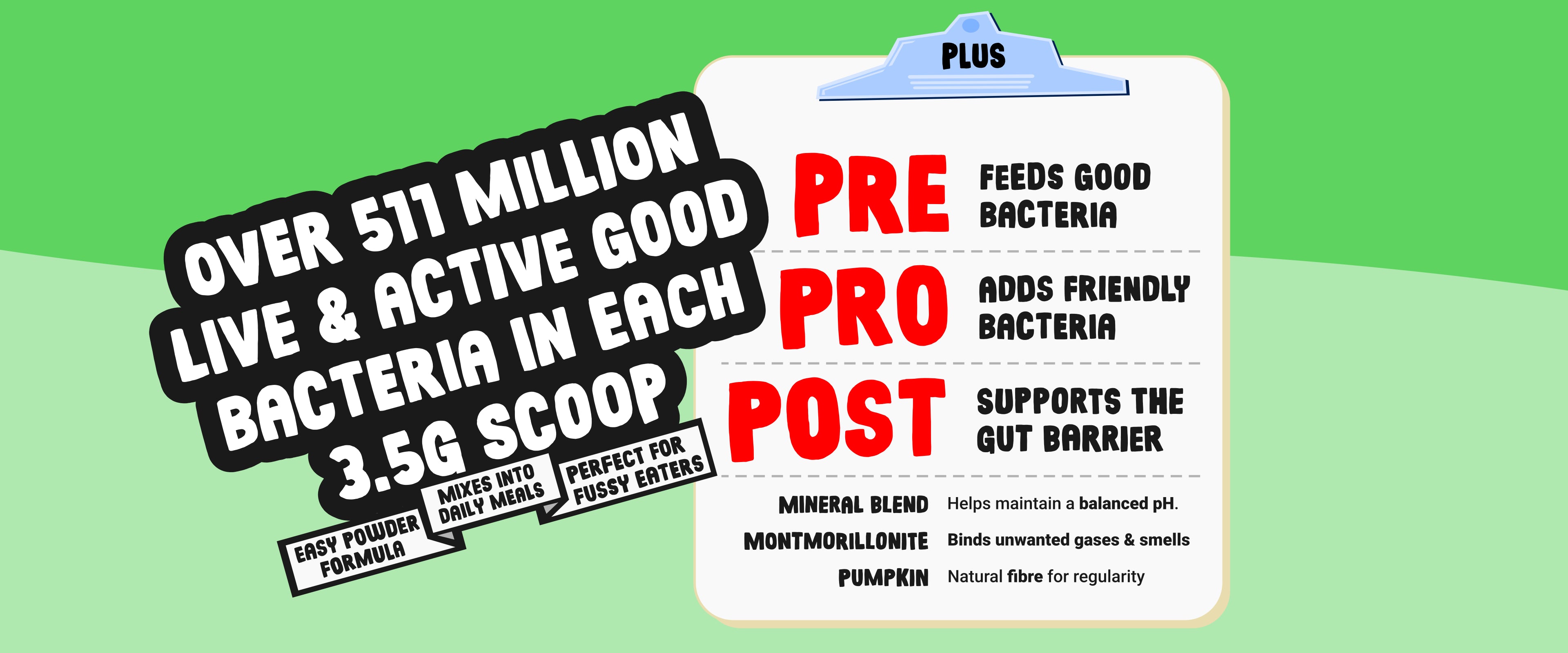 Product label with text about bacteria content and benefits on a green background