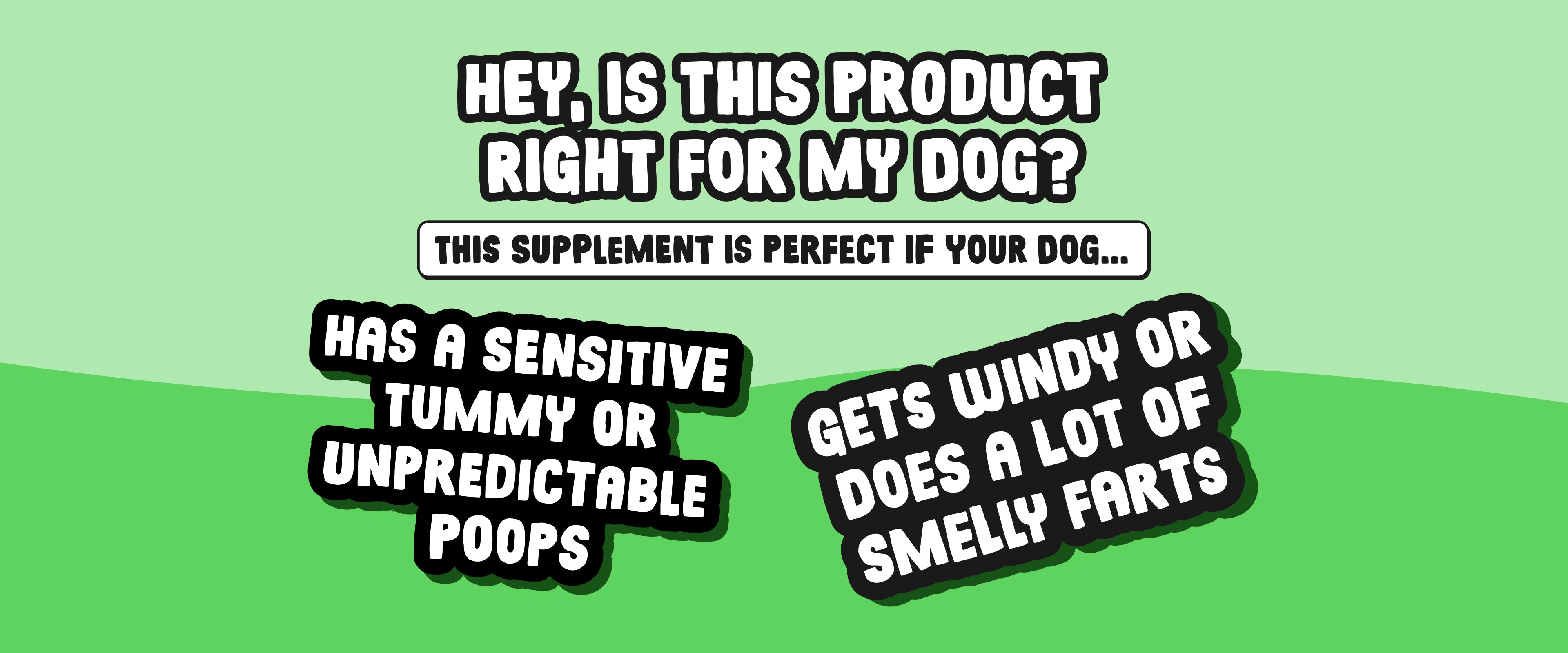 Promotional graphic for a dog supplement with text on a green background