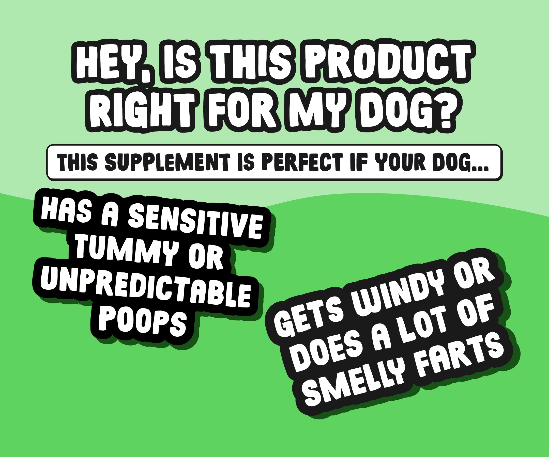 Text on a green background about a supplement for dogs with sensitive tummies or smelly farts.