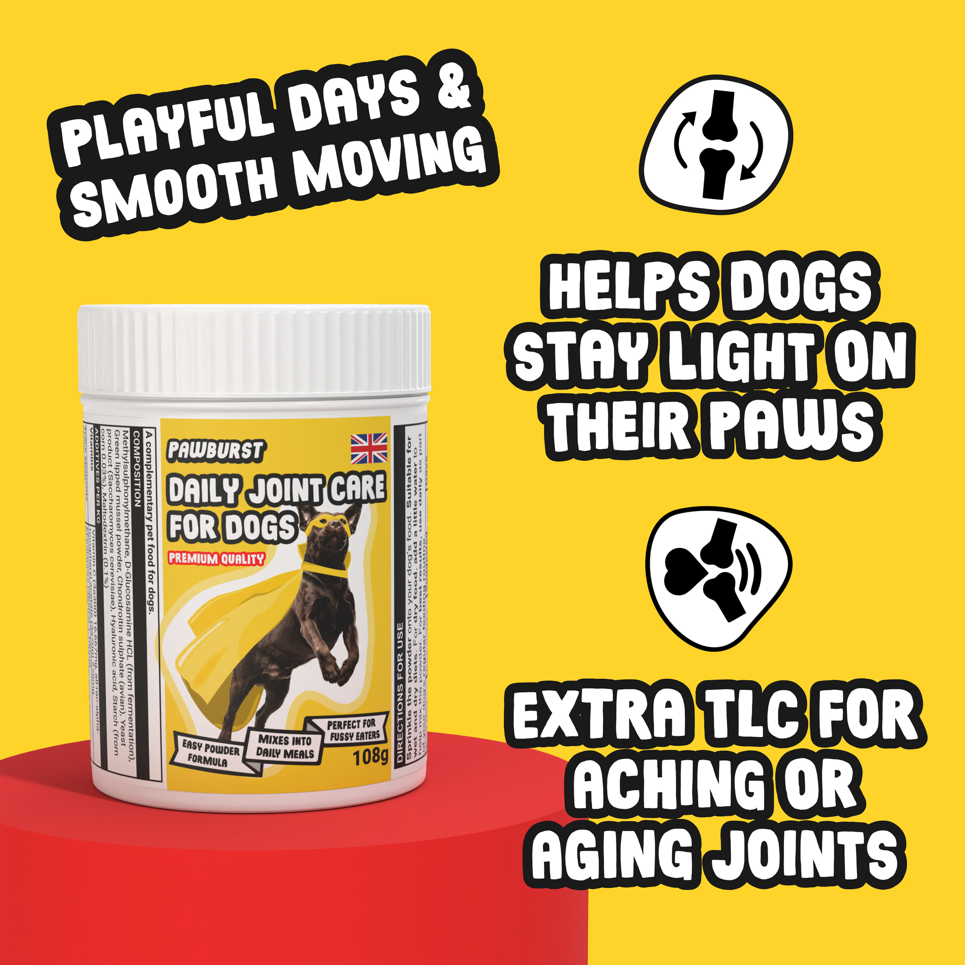 Pawburst daily joint care for dogs supplement container on a yellow background with text about joint health.