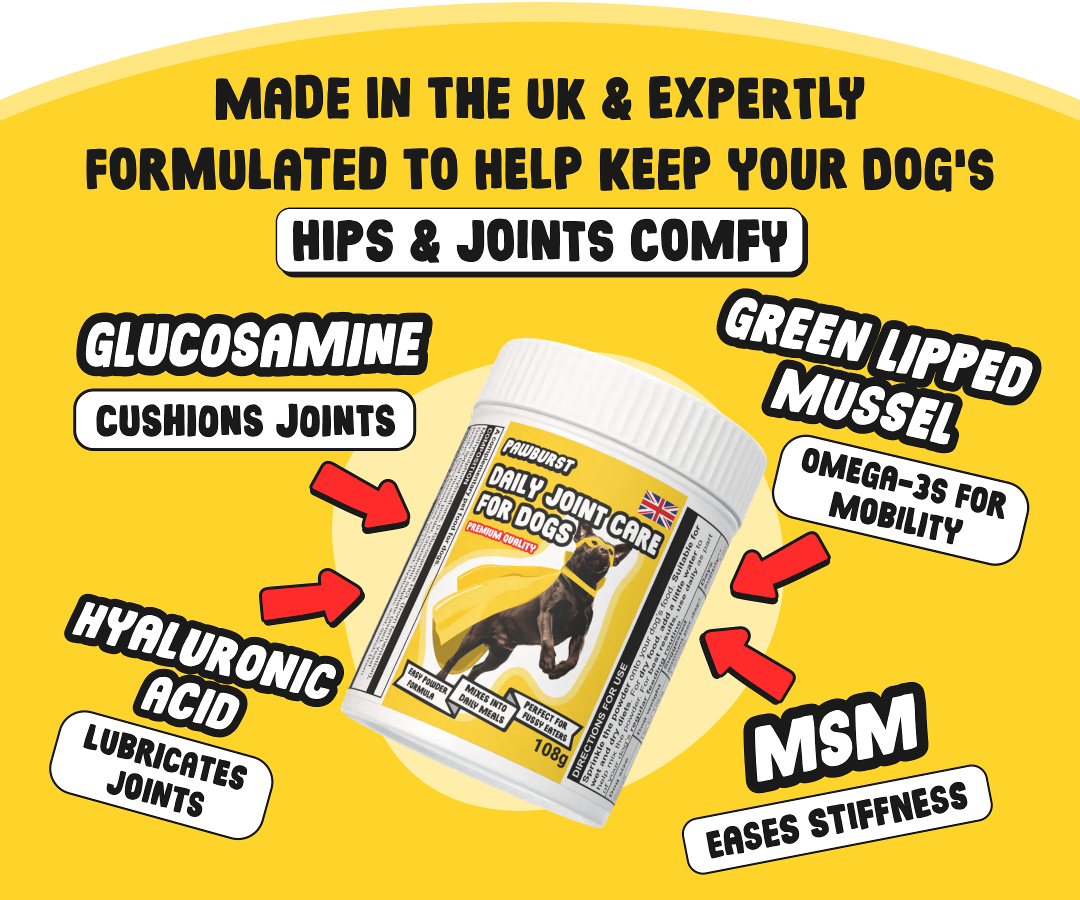 Dog joint supplement packaging with health benefits highlighted on a yellow background