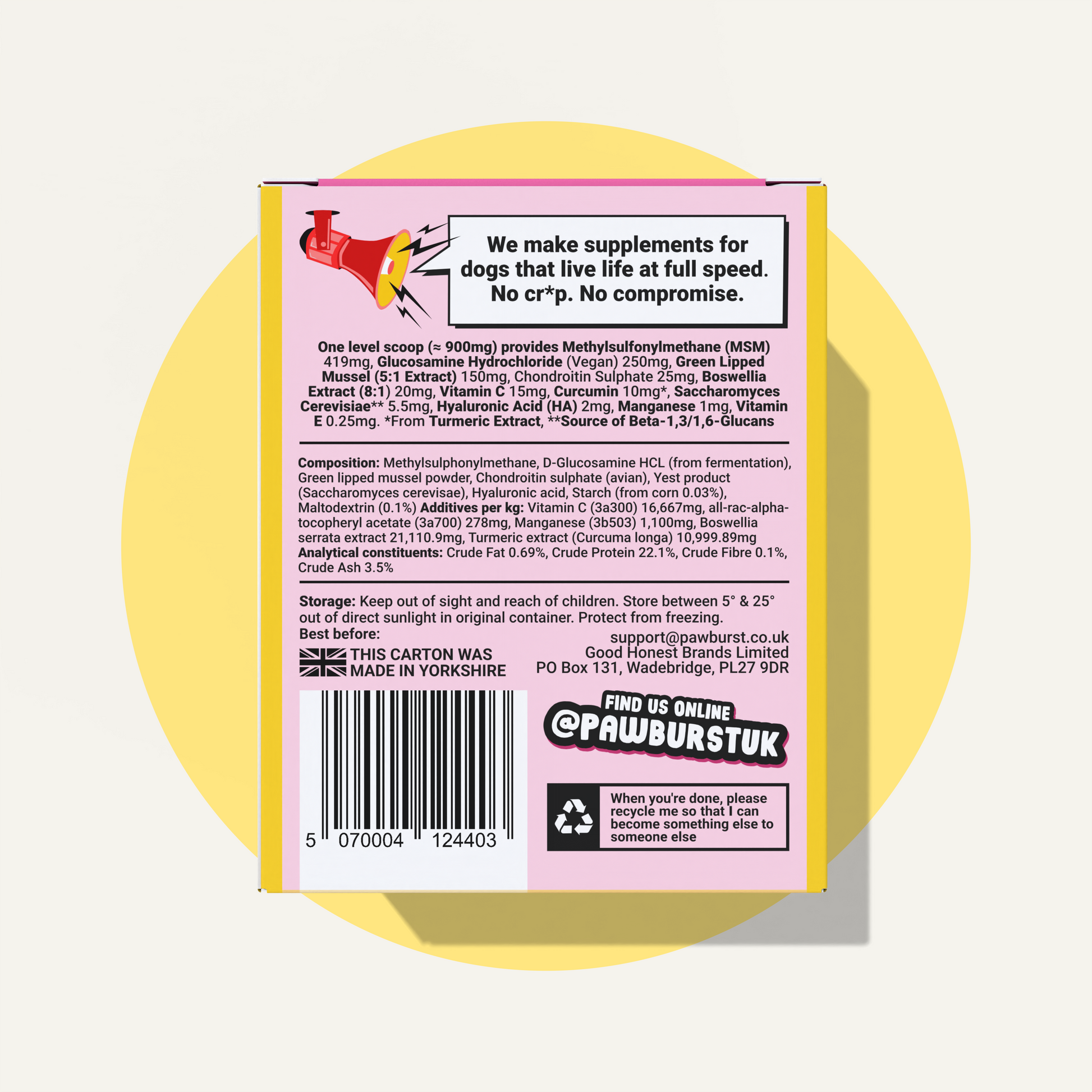 Supplement package with text and branding on a yellow circle background