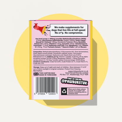 Supplement package with text and branding on a yellow circle background
