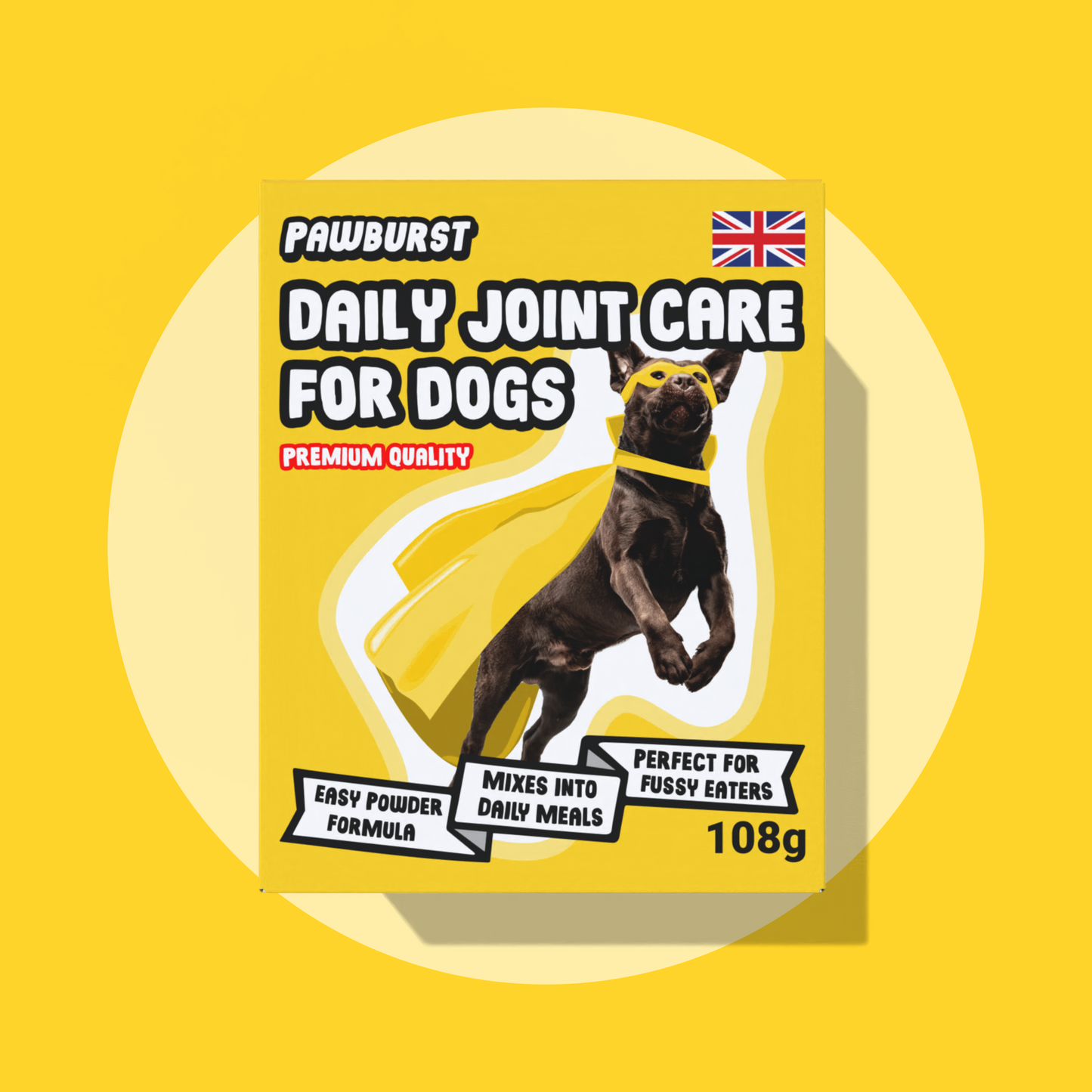 Pawburst Daily Joint Care for Dogs packaging on a yellow background